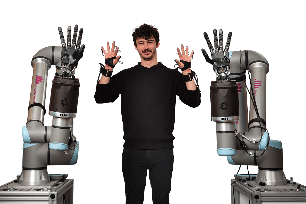 "Hands Up" Shadow Teleoperation system mimicking the movement of the operator in the background