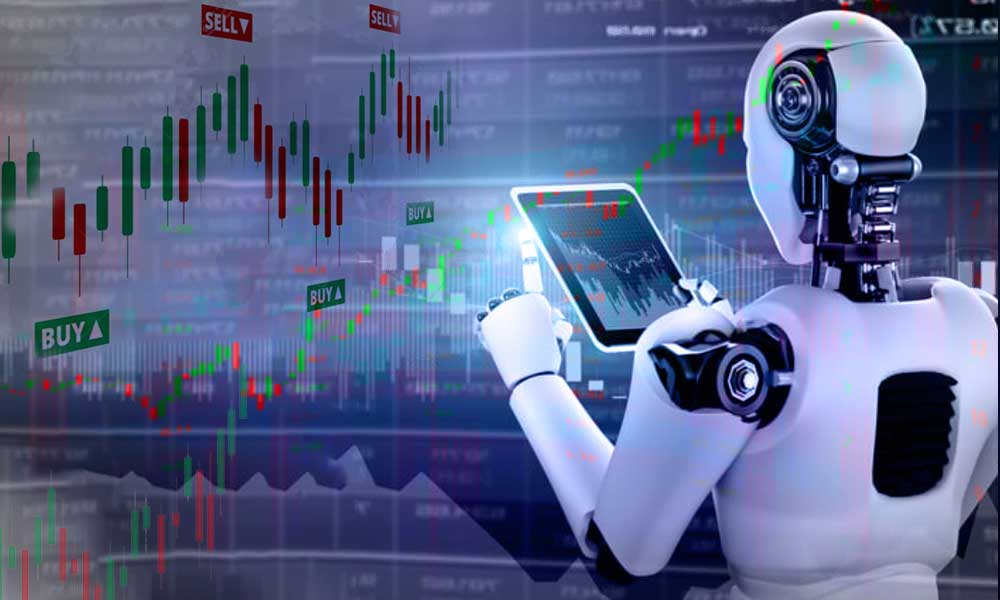a forex robot pointing at a forex chart
