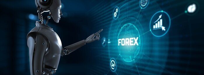 a forex robot in front of a chart 